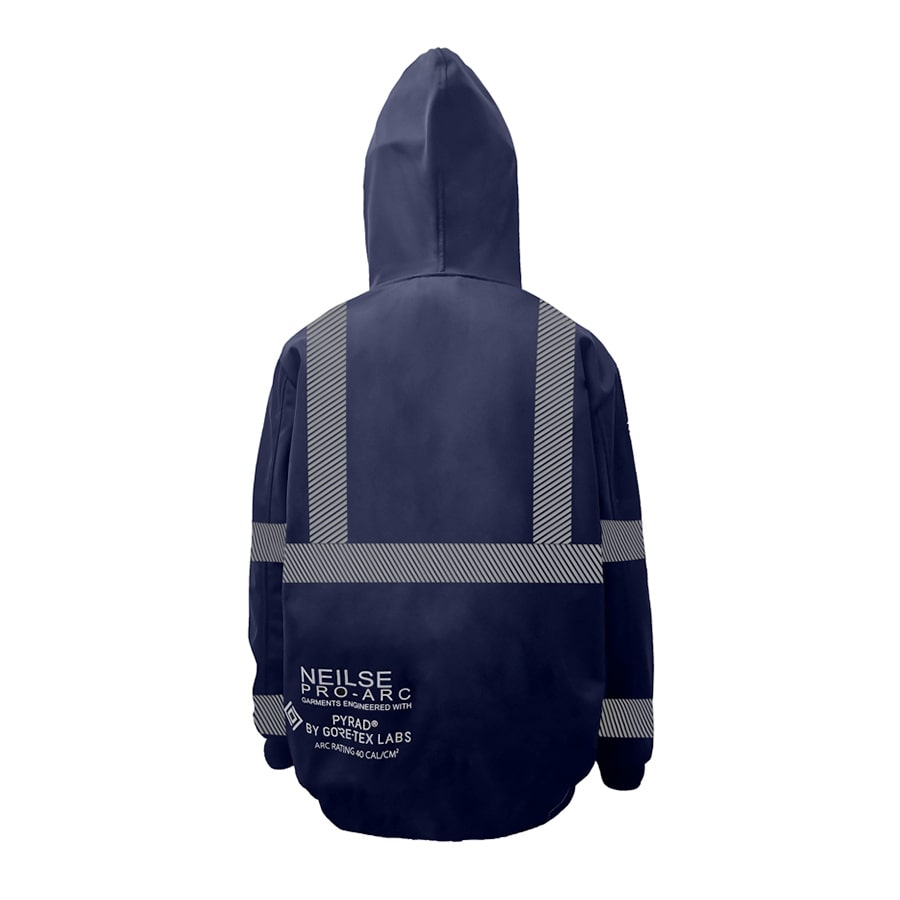 Neilsen FR/ARC Rated Hi-Vis Navy Softshell Fleece Hoody made with PYRAD® WINDSTOPPER® Fabric by GORE-TEX LABS
