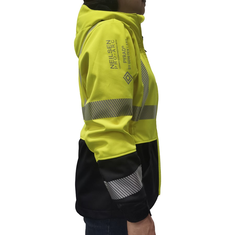 Neilsen FR/ARC Rated Hi-Vis Yellow/Black Softshell Ladies Fleece Jacket made with PYRAD® WINDSTOPPER® Fabric by GORE-TEX LABS