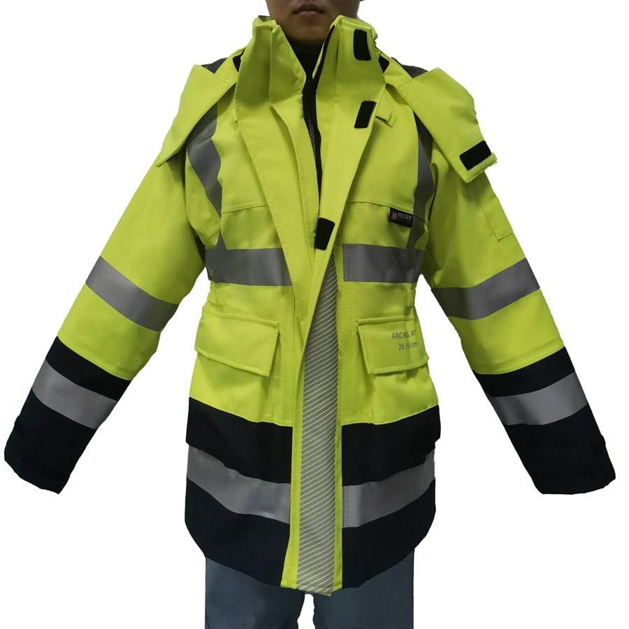 PRO-ARC-FR-ARC-CAT-3-Breathable-High-Visibility-Rainwear-Ladies-Coat-Yellow-Navy-Model