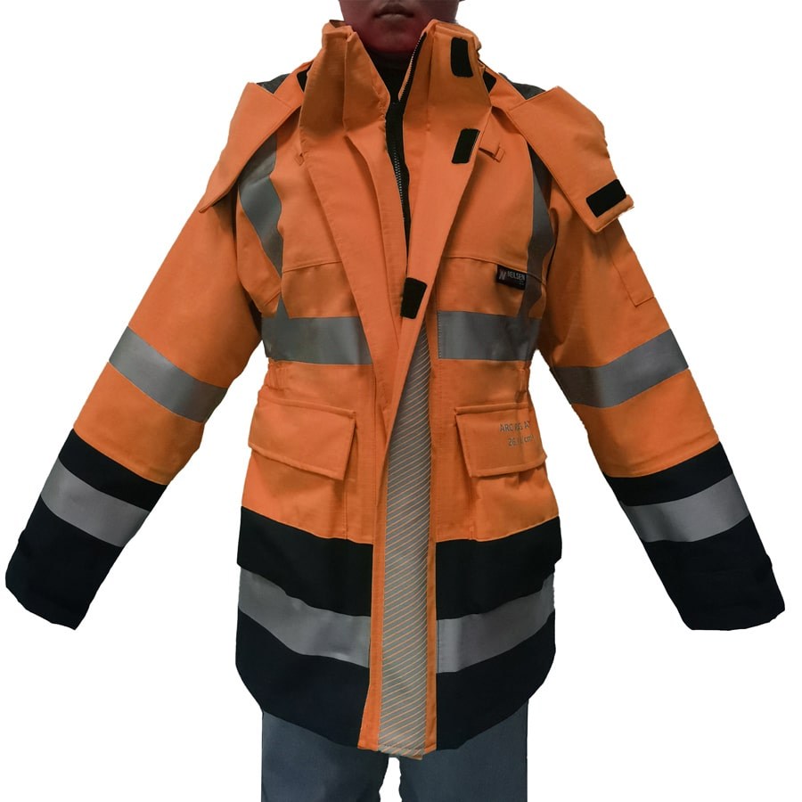 PRO-ARC-FR-ARC-CAT-3-CSA-Breathable-High-Visibility-Rainwear-Ladies-Coat-Orange-Navy-Model